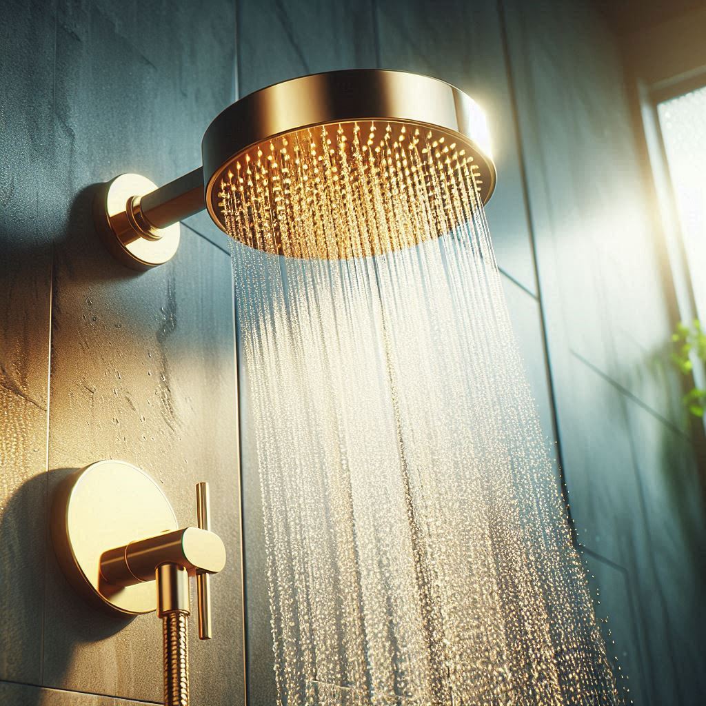 Chuveiro dourado em banheiro moderno.